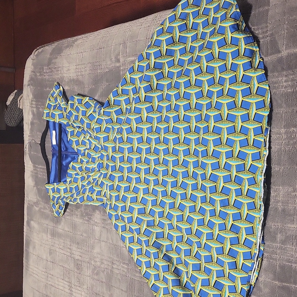 A patterned blue, turquoise,  yellow & black dress. - Picture 3 of 5